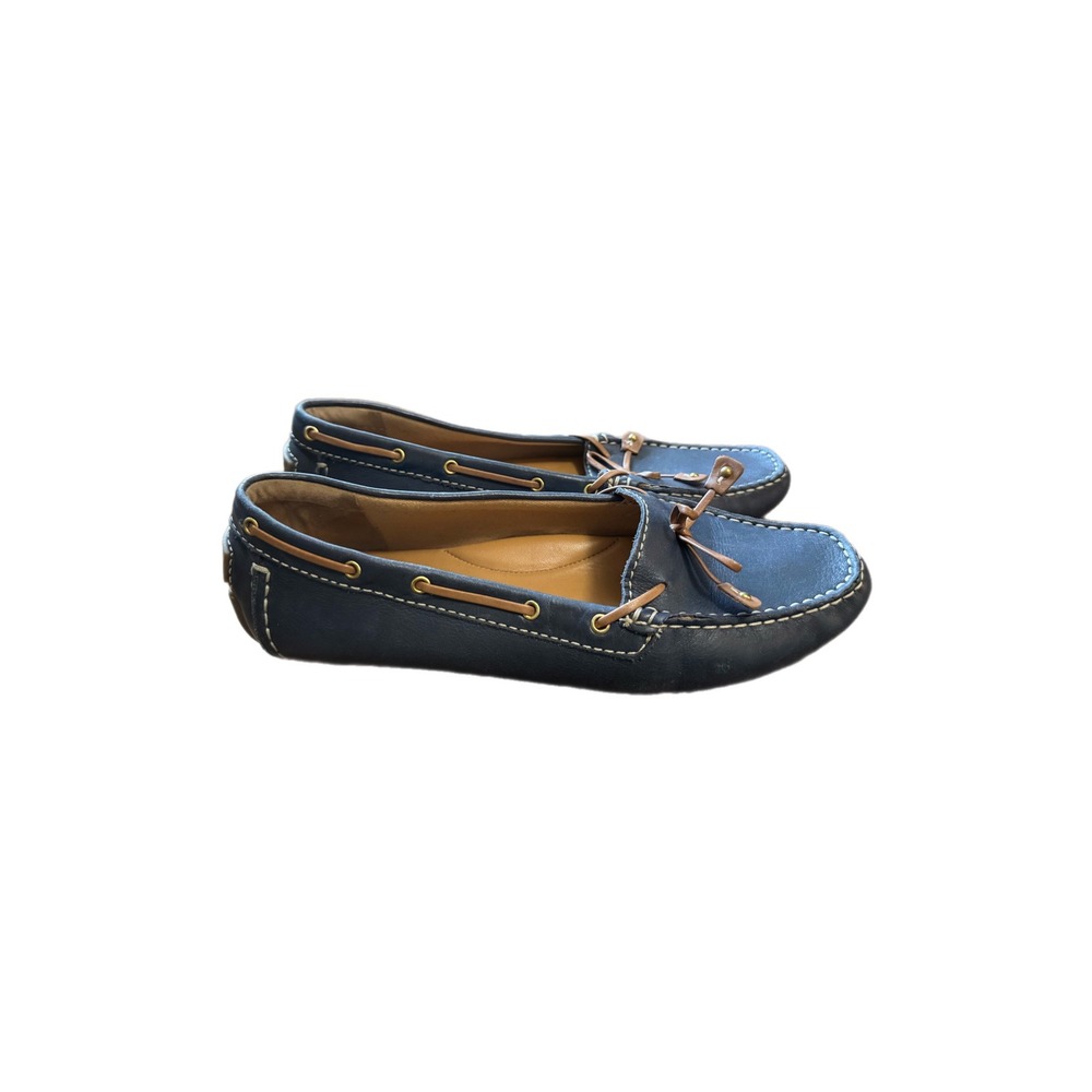 Clarks Boat Shoes Womens 10M Navy Blue Leather Artisan Loafers Excellent Bow